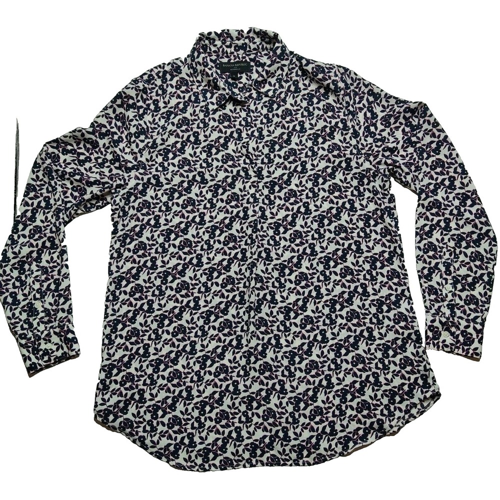 Banana Republic‎ Women Medium Blue Floral V-Neck Back Button Pullover Top